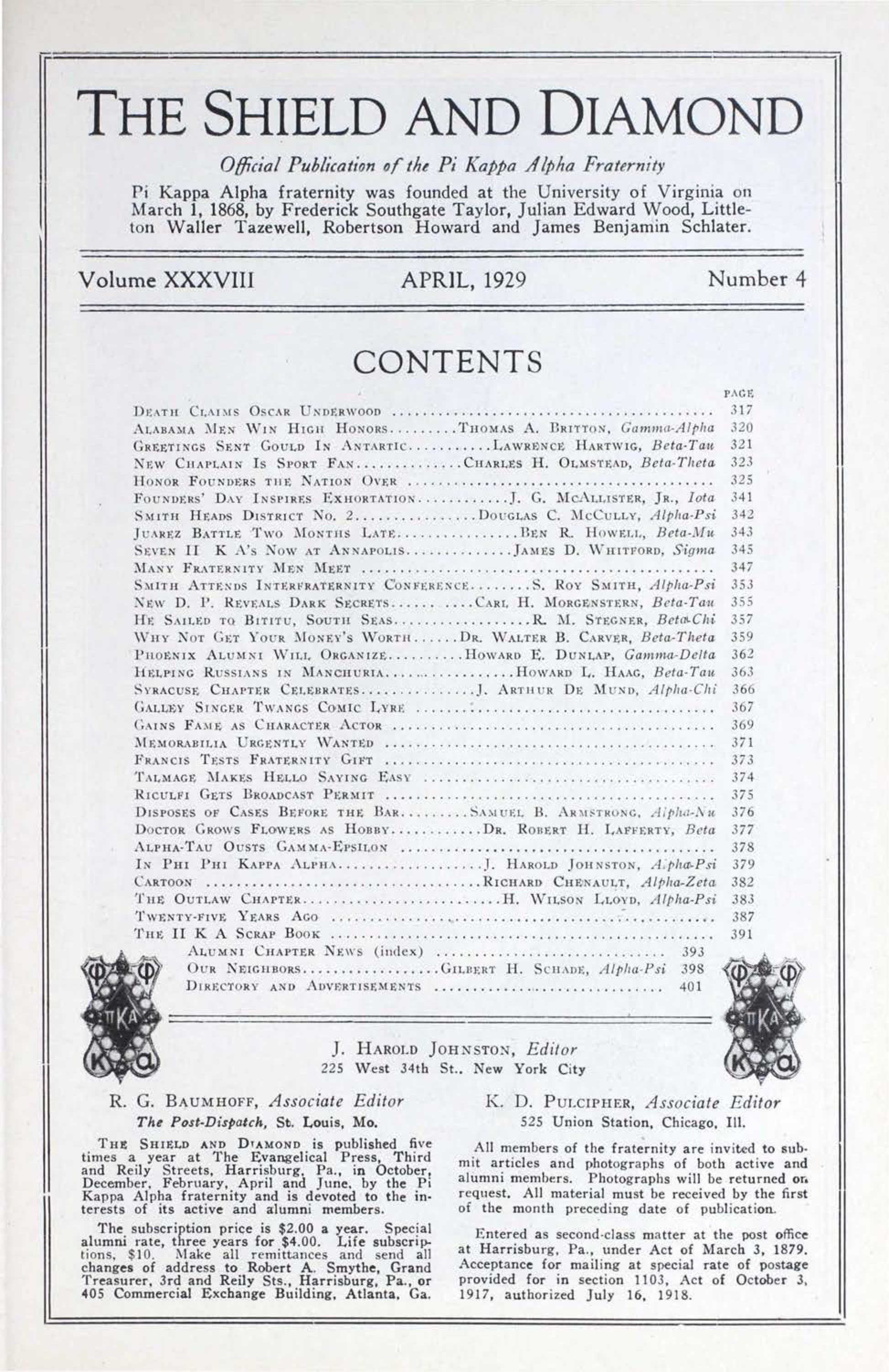 The Shield And Diamond, Vol. 38, No. 4, Table Of Contents